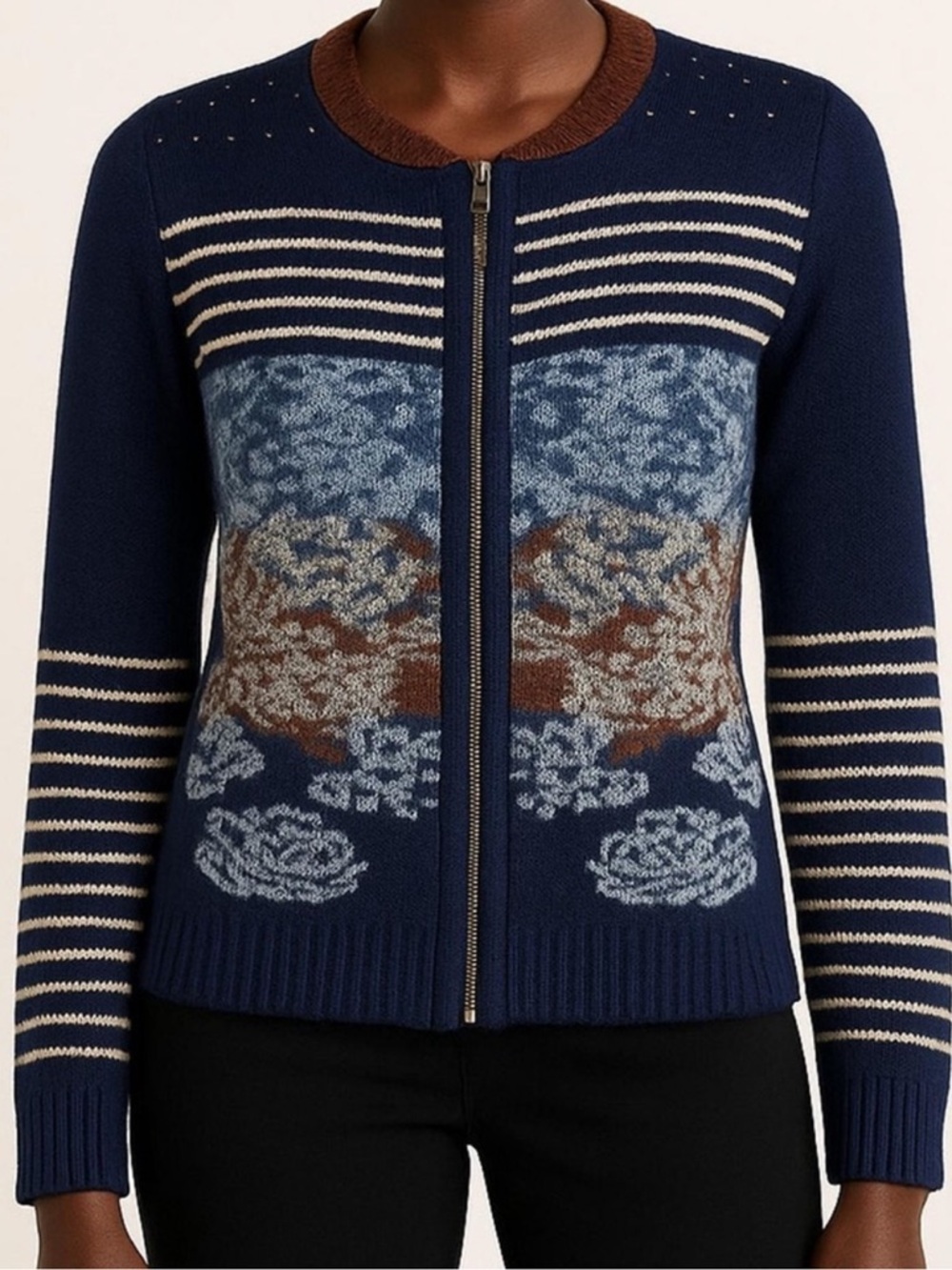 Anthropologie Sparrow Arras Navy Blue Wool Zip Front Cardigan Sweater, Size M
